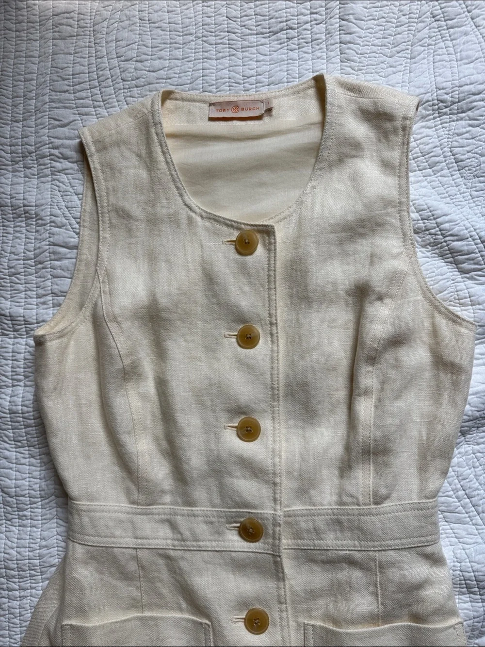 Tory Burch Sleeveless Button-Front Linen Dress in Cream
